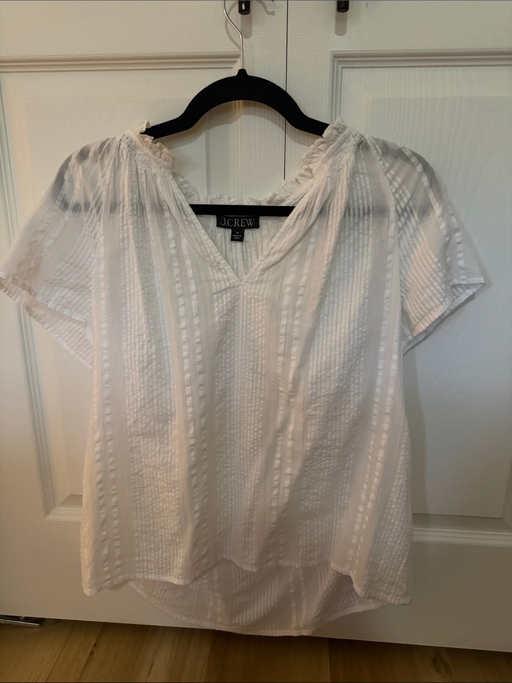 J. Crew White Textured V-Neck Short Sleeve Blouse